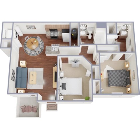 A 3D floor plan of a house showing a living room, kitchen, dining room, and bedrooms.